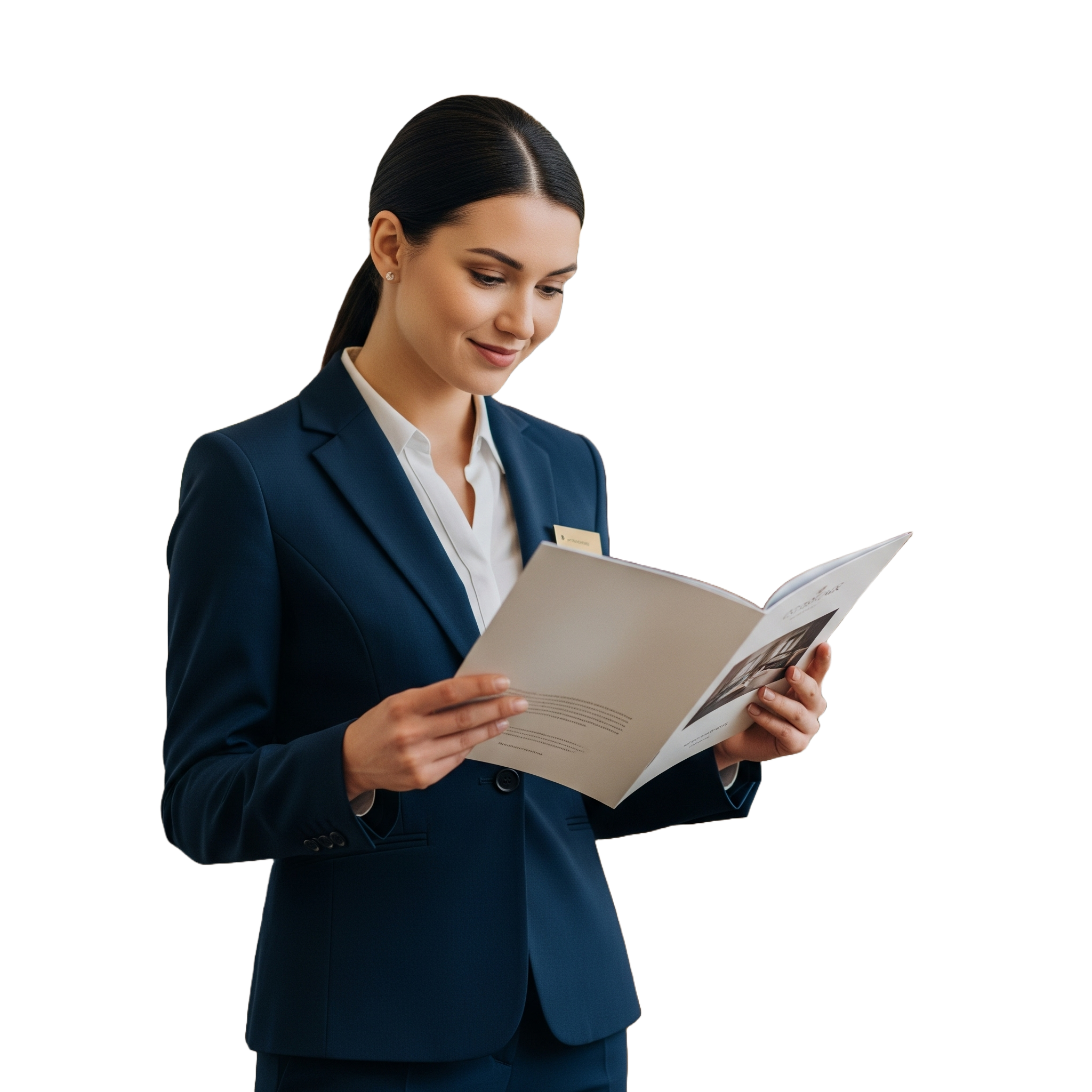 Femeie care lucrează în domeniul hotelier, citește un catalog Leida