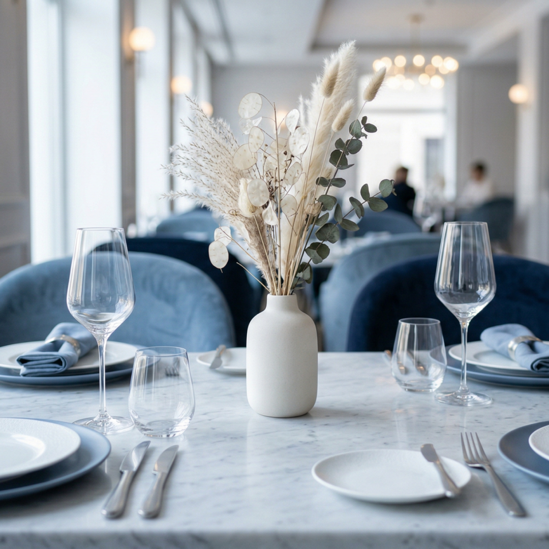 O fotografie detaliată și luminoasă a unui aranjament de masă pentru fine-dining. În prim-plan se află o masă din marmură deschisă la culoare, pregătită cu seturi de farfurii mate în nuanțe de alb și gri-albăstrui, șervețele textile albastre, tacâmuri moderne argintii și pahare elegante din cristal. În centrul mesei este o vază minimalistă din ceramică albă, decorată cu un aranjament din plante uscate, frunze rotunde și iarbă de pampas. Pe fundalul estompat se observă scaune elegante din catifea albastră, ferestre mari și un decor de restaurant luxos, scăldat în lumină naturală și accente calde de la candelabre.